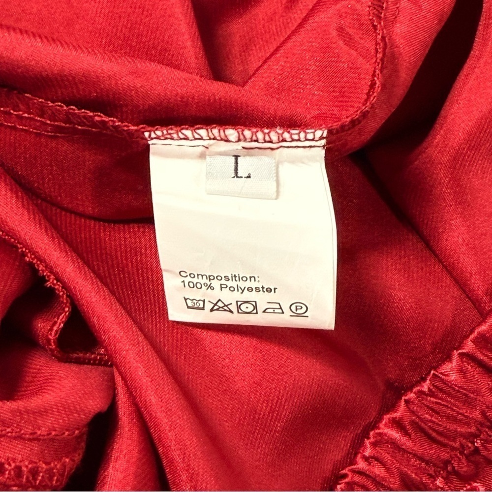 Red Satin Pajama Set with Lace Trim Adjustable Strap Top & Shorts - Picture 8 of 11